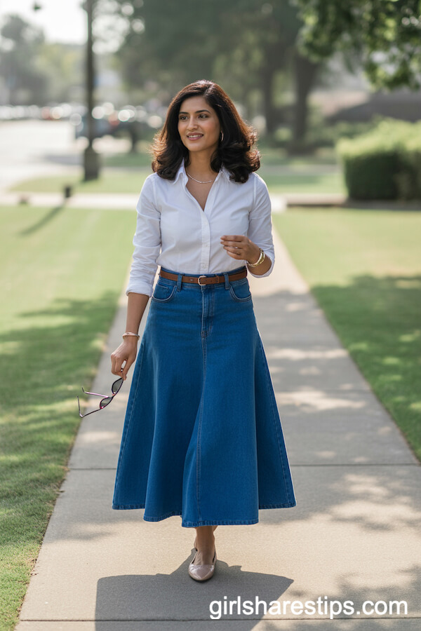 Timeless Neutrals: Blue Jean Skirt and Crisp White Shirt