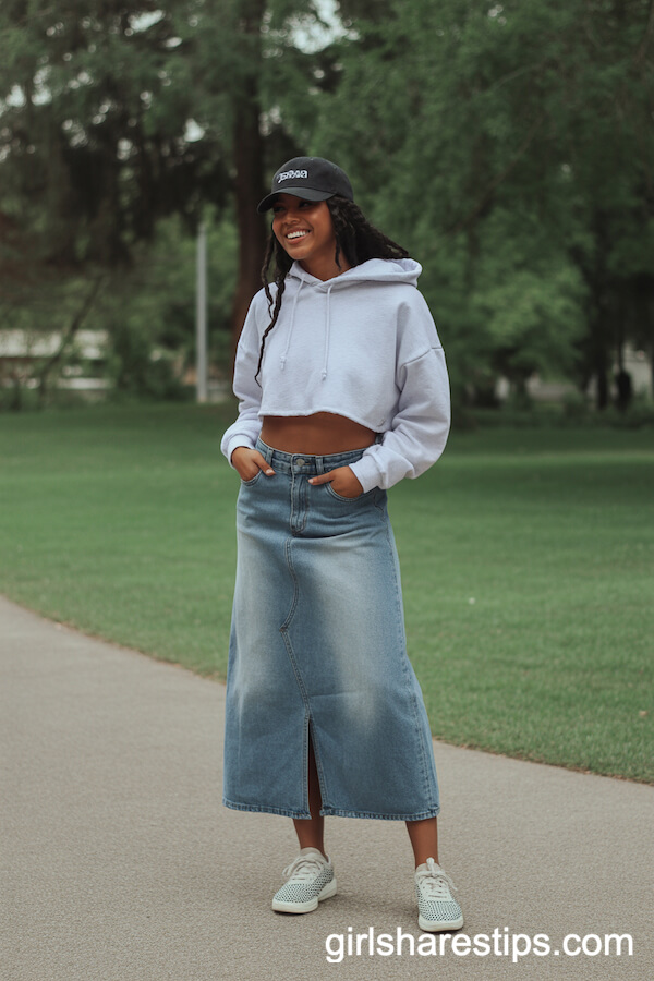 Sporty Streetwear: Faded Denim Skirt with Cropped Hoodie