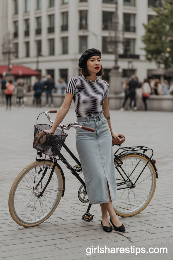 Parisian Vibes: Jean Skirt and Striped Tee with Beret