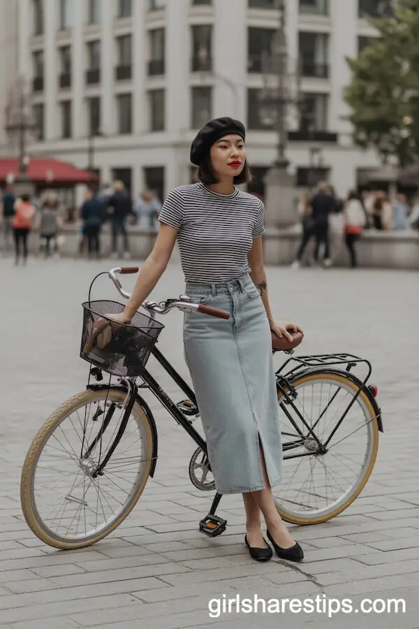 Parisian Vibes: Jean Skirt and Striped Tee with Beret