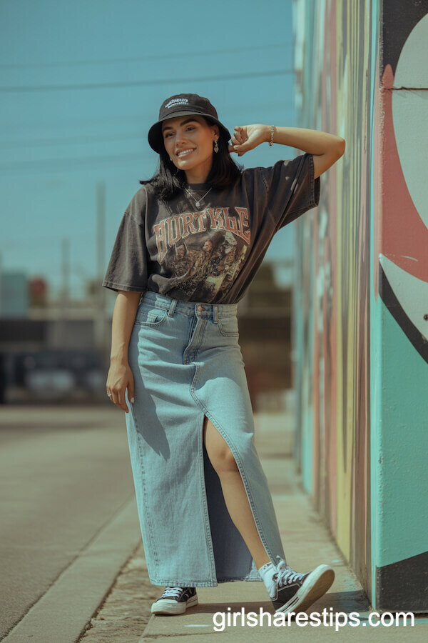Urban Edge: Faded Jean Skirt with Oversized Band Tee