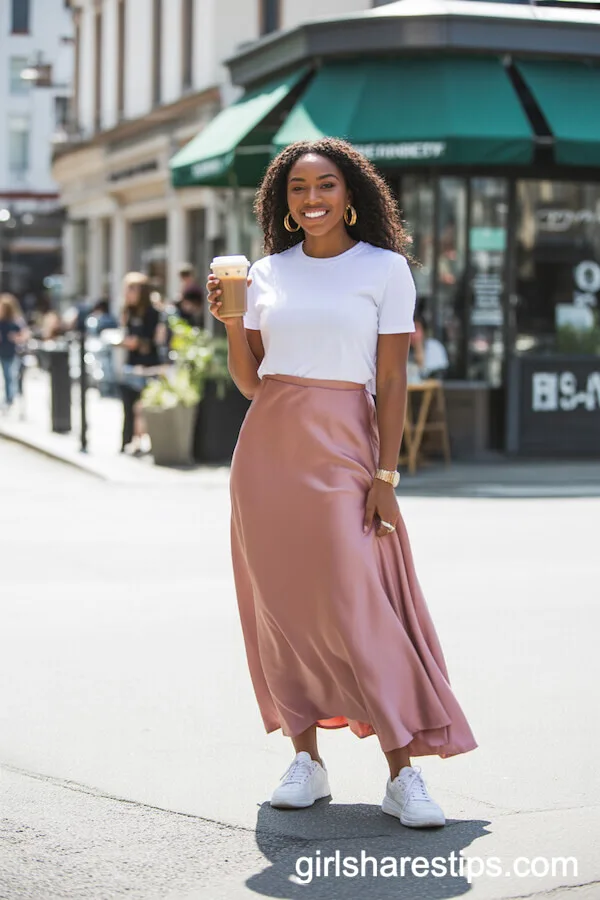 Dusty Rose Satin Skirt with White Tee and Sneakers