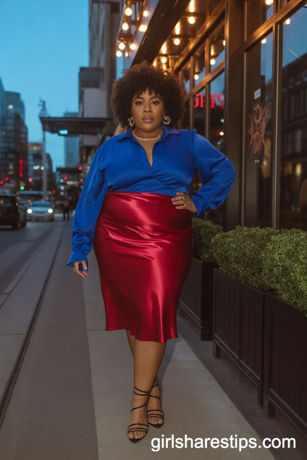 Ruby Red Satin Skirt with Cobalt Blue Blouse