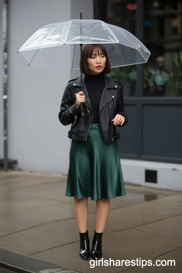 Dark Green Satin Skirt with Turtleneck and Moto Jacket
