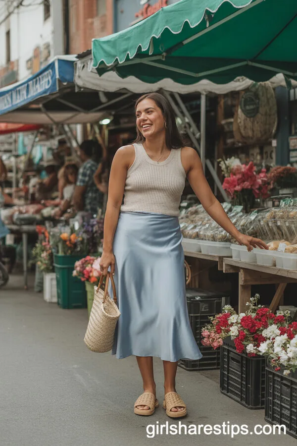 Light Blue Satin Skirt with Knit Tank and Straw Bag