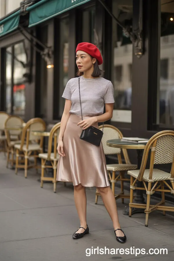 Champagne Satin Skirt with Striped Tee and Beret
