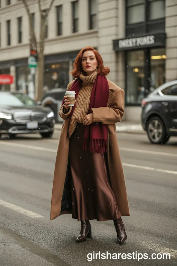 Chocolate Brown Satin Skirt with Cozy Turtleneck and Coat
