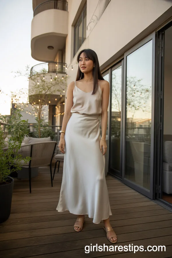 Ivory Satin Maxi Skirt with Silk Camisole and Delicate Jewelry