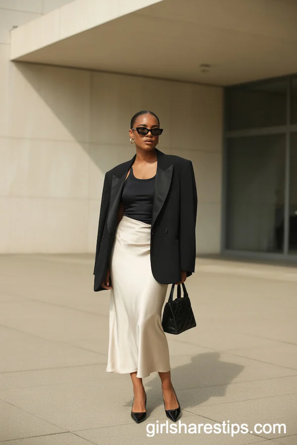 Sleek Ivory Satin Skirt with Black Blazer and Sunglasses