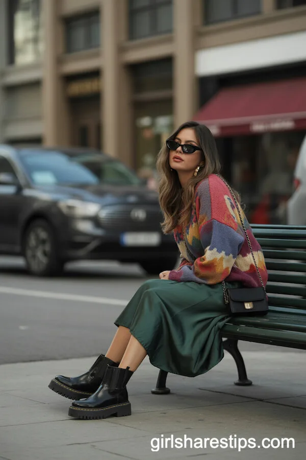 Forest Green Satin Skirt with Graphic Knit Pullover