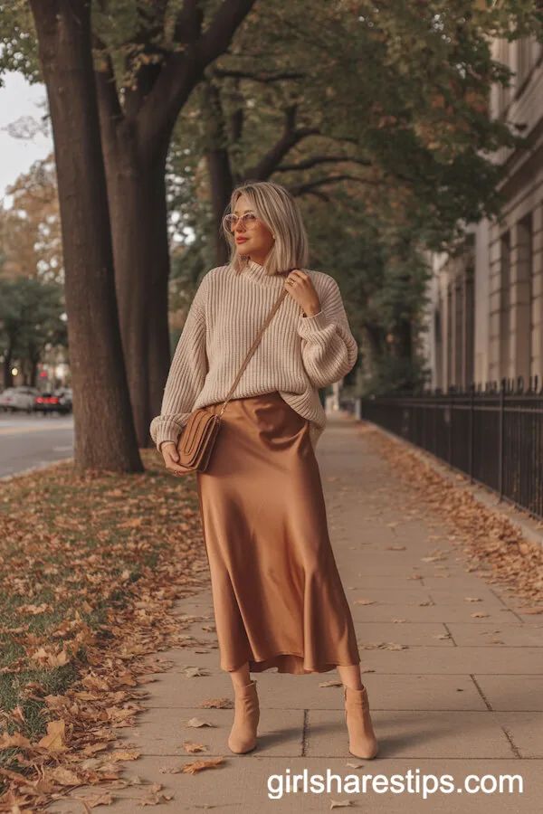 Caramel Satin Skirt and Chunky Knit Sweater Fall Outfit