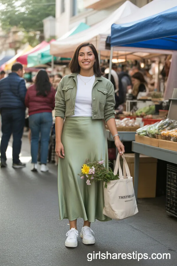 Sage Green Satin Skirt with Utility Jacket and Platform Sneakers