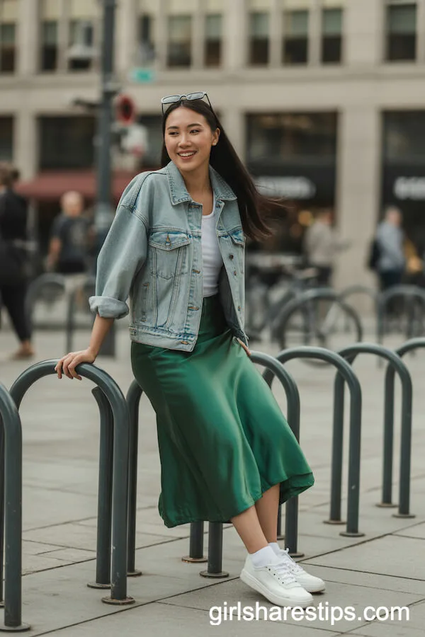 Emerald Green Satin Skirt with White Top and Denim Jacket