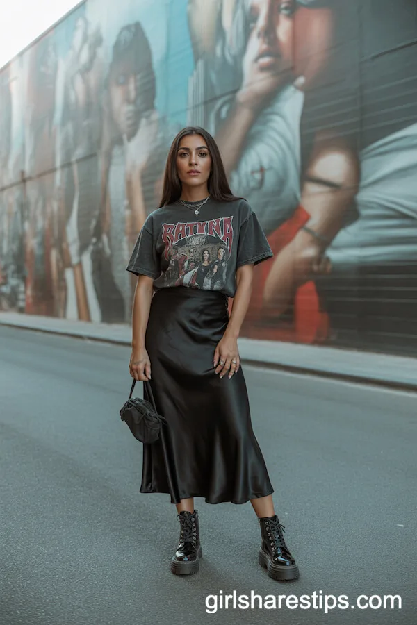Black Satin Skirt Styled with Band Tee and Combat Boots