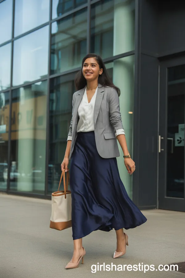 Navy Satin Skirt with Blazer and White Blouse