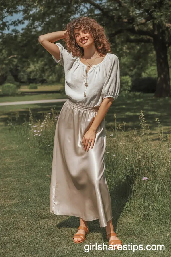 Champagne Satin Skirt Paired with Peasant Blouse and Sandals