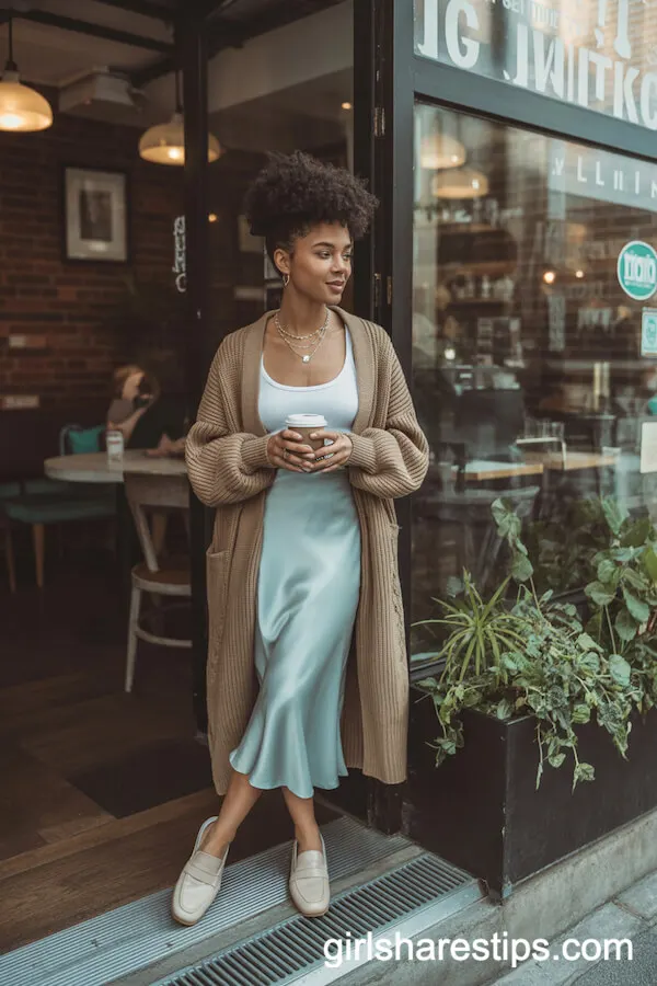 Teal Satin Skirt with Oversized Cardigan and Loafers