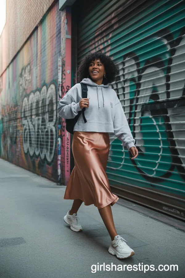 Copper Satin Skirt and Cropped Hoodie Street Style