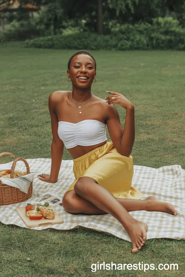 Buttery Yellow Satin Skirt with Crop Top Picnic Look