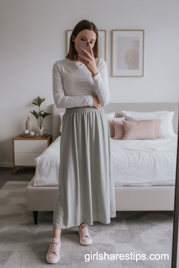 Gray Maxi Skirt with Long-Sleeve Tee and Pink Sneakers