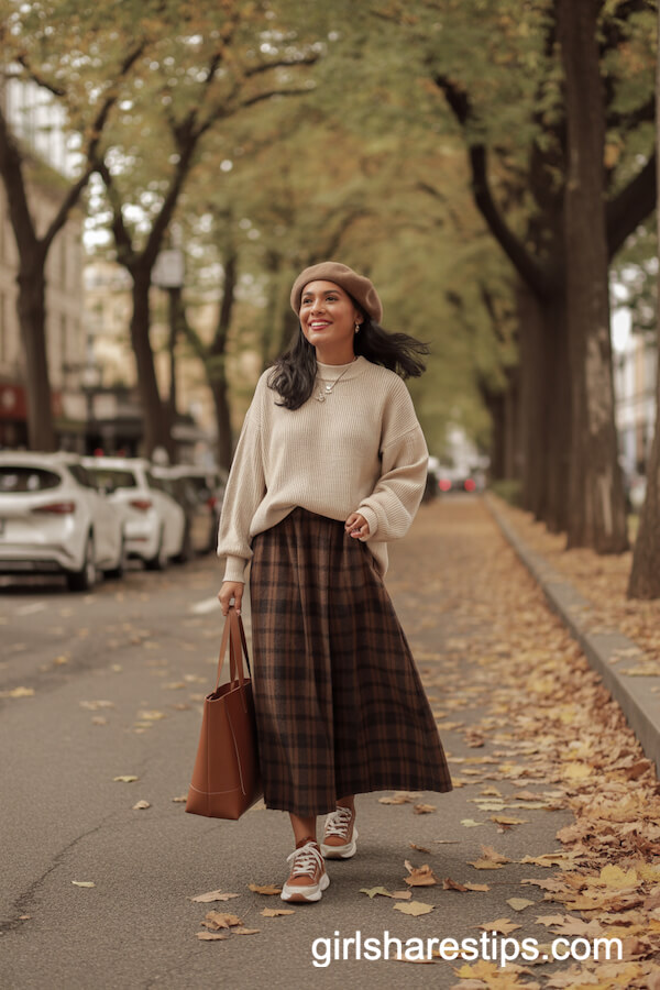 Brown Plaid Skirt with Cream Sweater and Brown Sneakers