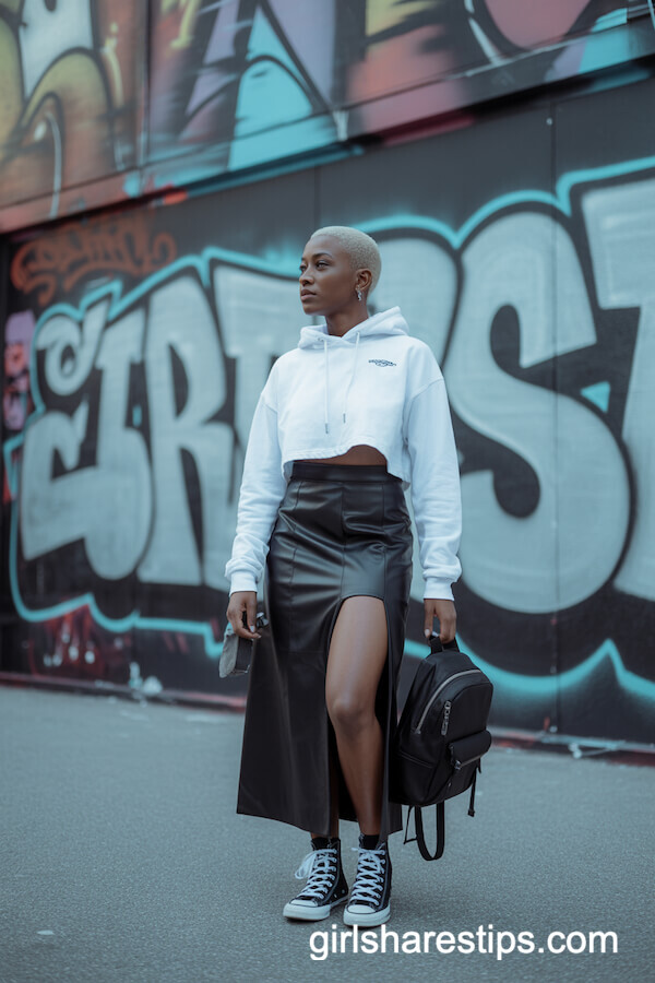 Black Leather Skirt with Crop Hoodie and High-Top Sneakers