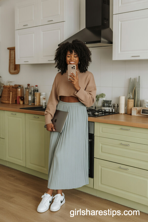 Sage-Green Jersey Skirt with Cropped Sweater and Nike Sneakers