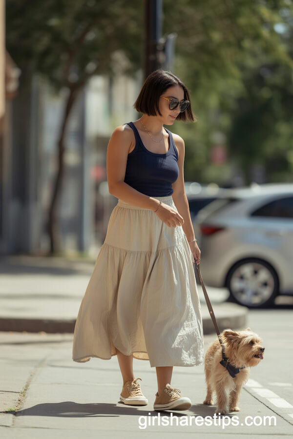 Cream Linen Skirt with Navy Tank Top and Canvas Sneakers