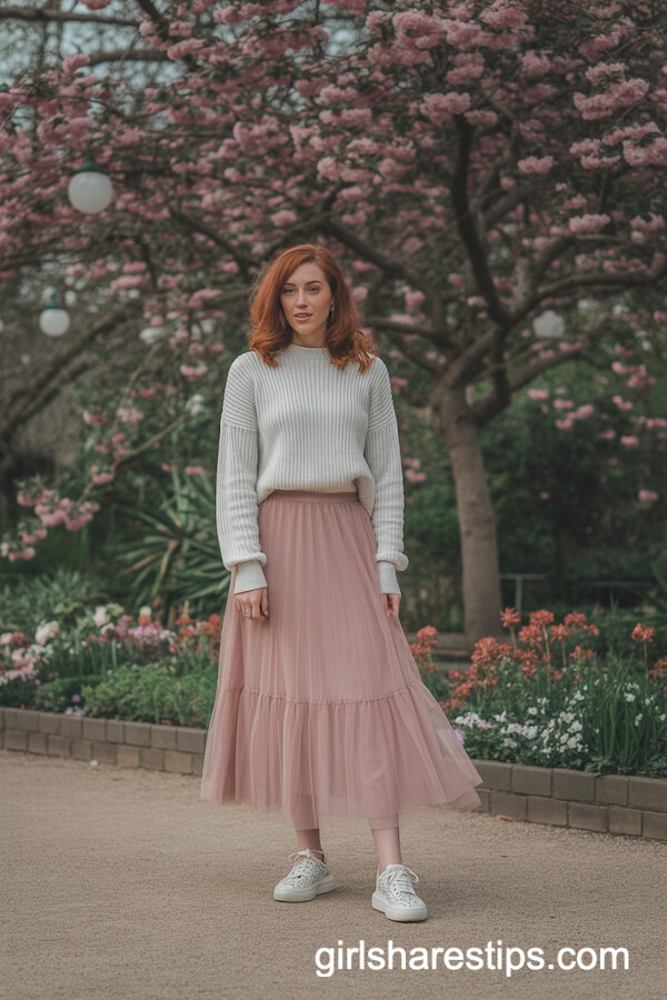 Pastel Pink Tulle Skirt with Knit Sweater and Lace Sneakers