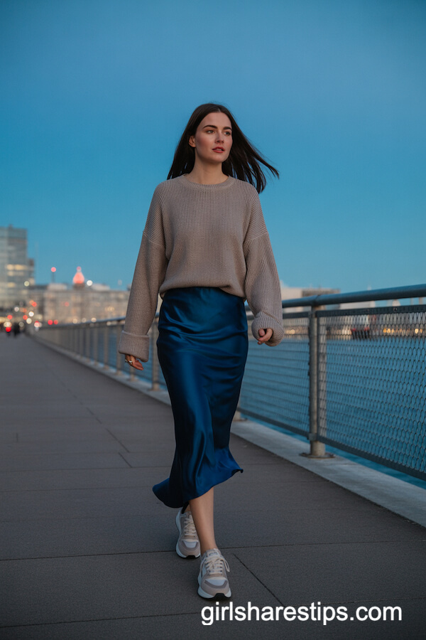 Navy Satin Skirt with Taupe Sweater and Luxury Sneakers