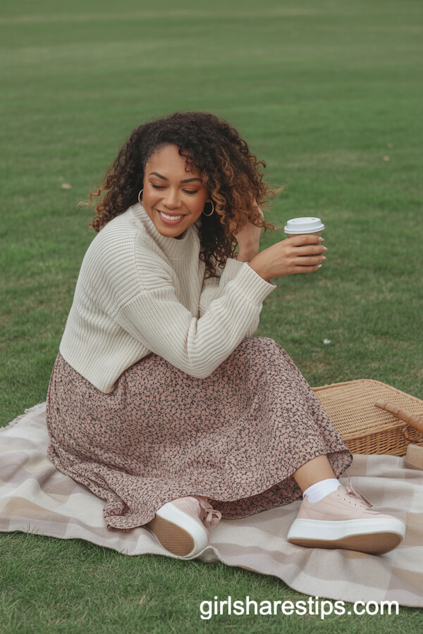 Bohemian Floral Skirt with Knit Sweater and Pastel Sneakers