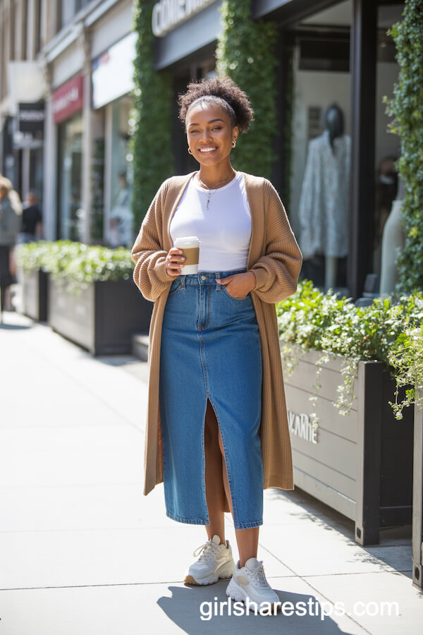 Blue Denim Skirt with Fitted Tee and Chunky Sneakers