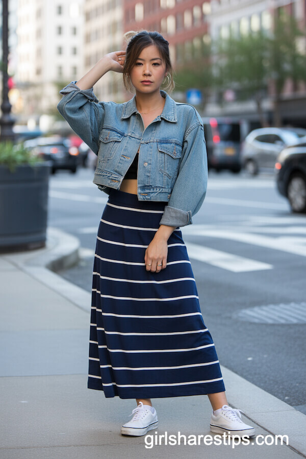 Navy Jersey Skirt with Cropped Denim Jacket and Classic Vans