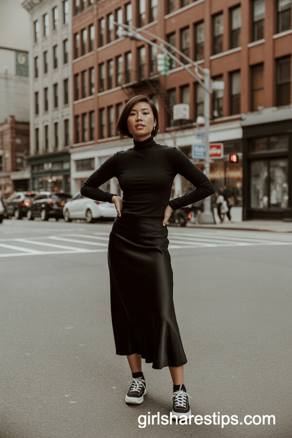 All-Black Outfit with Satin Skirt and Monochrome Sneakers