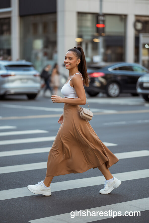 Camel A-Line Skirt with Crop Top and Sporty Sneakers