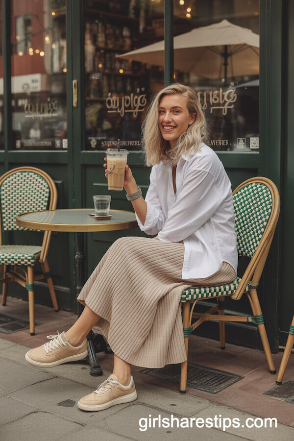 Beige Knit Skirt with Oversized Button-Down and Designer Sneakers