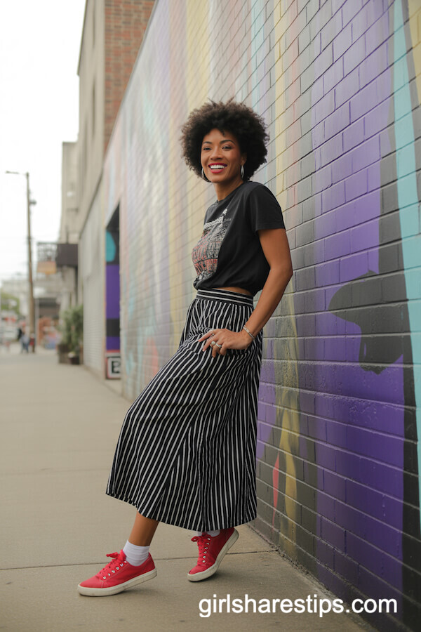 Black-and-White Striped Skirt with Graphic Tee and Red Sneakers