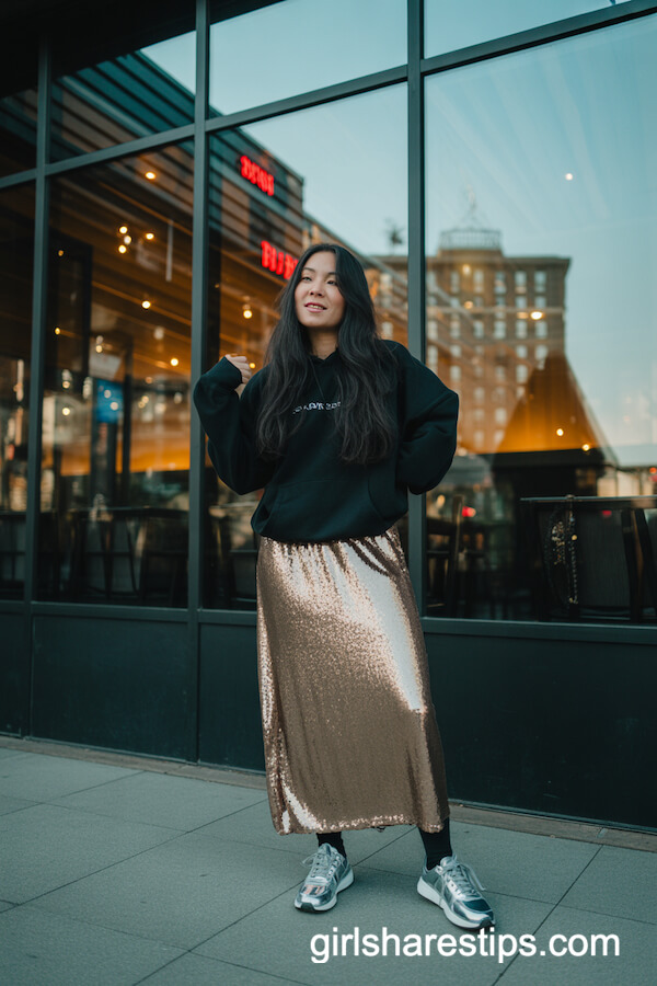 Gold Sequin Skirt with Hoodie and Metallic Sneakers