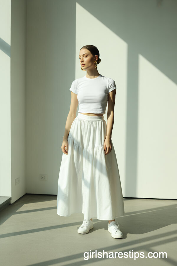 Crisp White Full-Length Skirt with Minimalist Sneakers