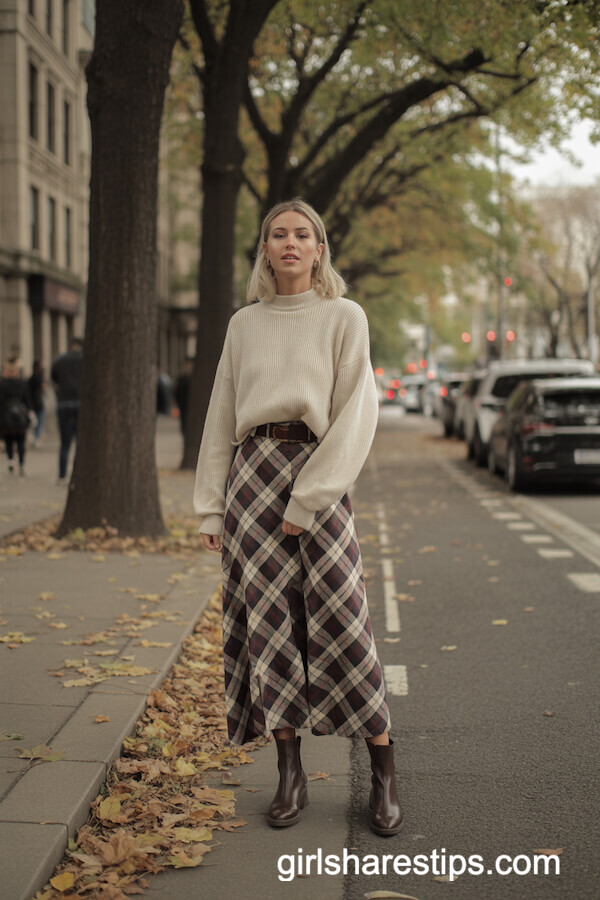 Cream Knit Sweater with Plaid Maxi Skirt