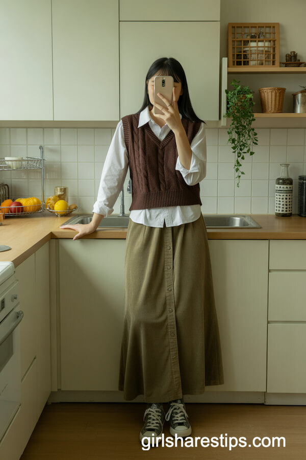 Brown Knit Vest with Olive Corduroy Skirt