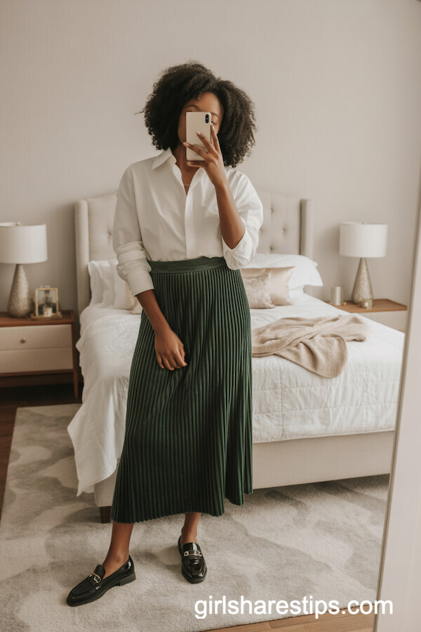 White Button-Up with Velvet Long Skirt