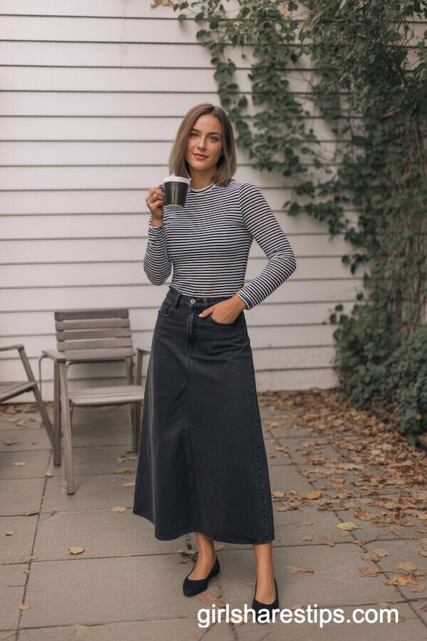 Striped Top with Denim Long Skirt