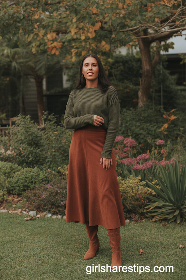 Olive Sweater with Rust Long Skirt