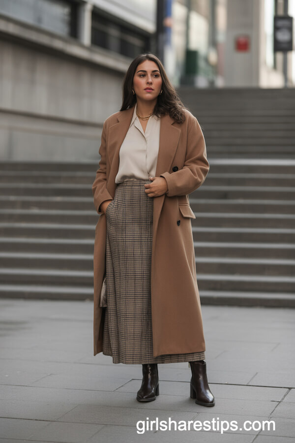 Camel Coat with Plaid Long Skirt