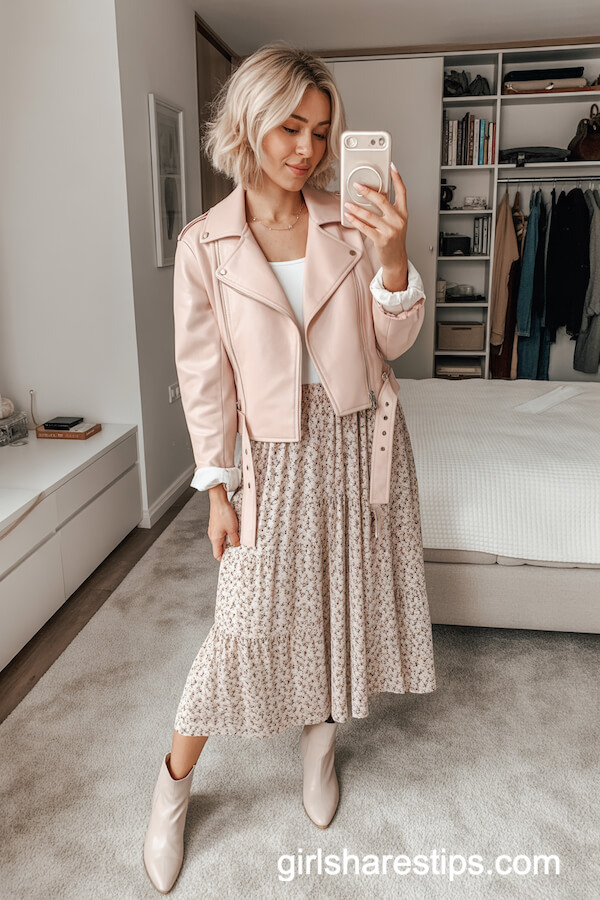 Blush Moto Jacket with Floral Skirt