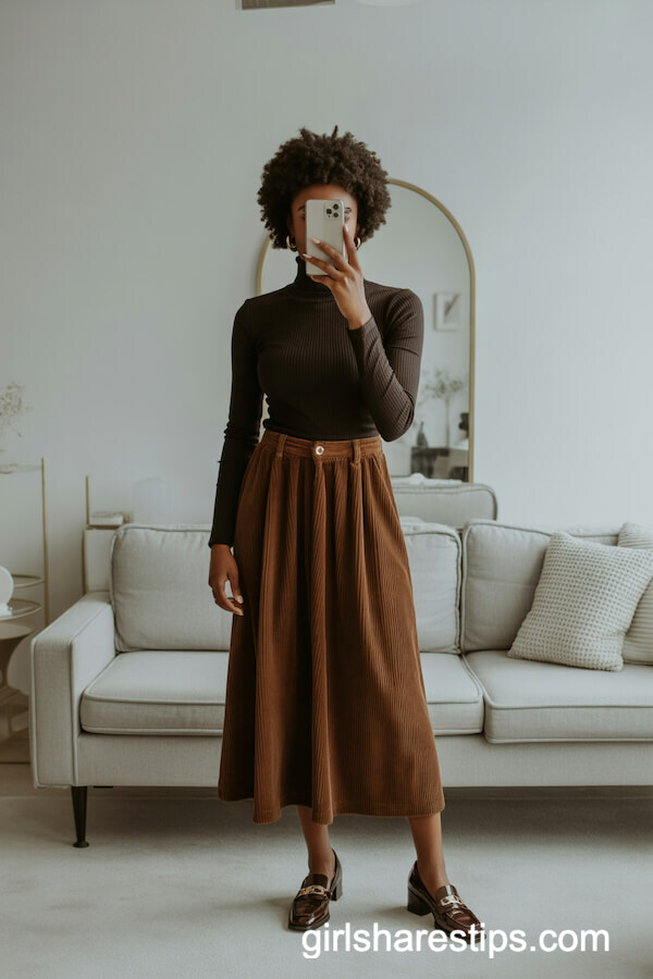 Fitted Turtleneck with Corduroy Skirt