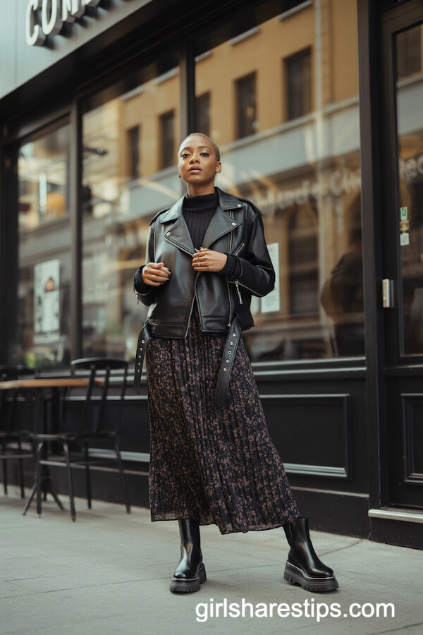 Leather Jacket with Floral Long Skirt