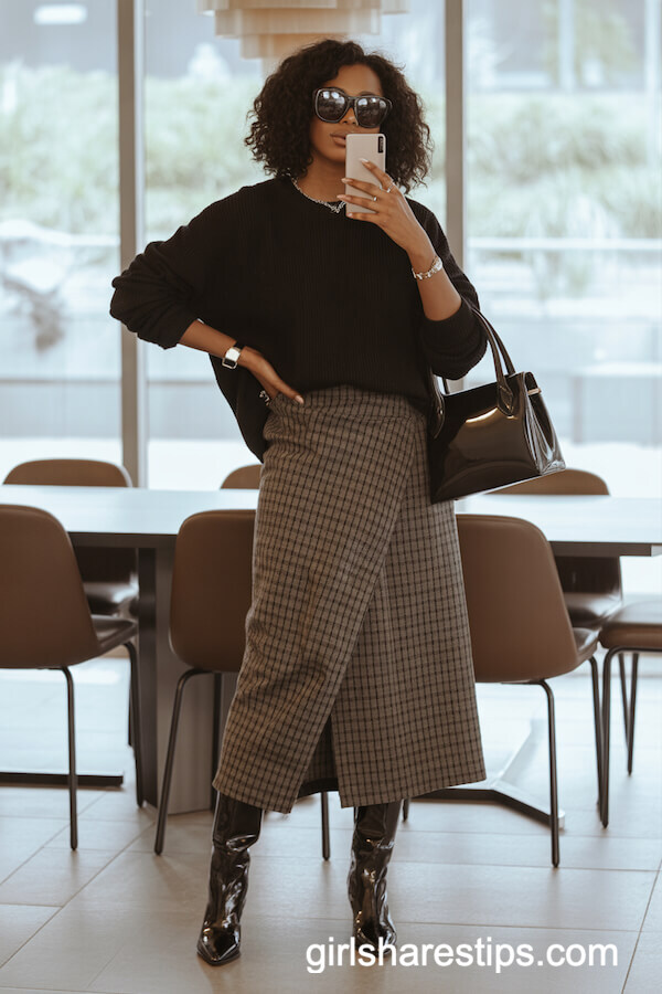 Black Sweater with Brown Plaid Skirt