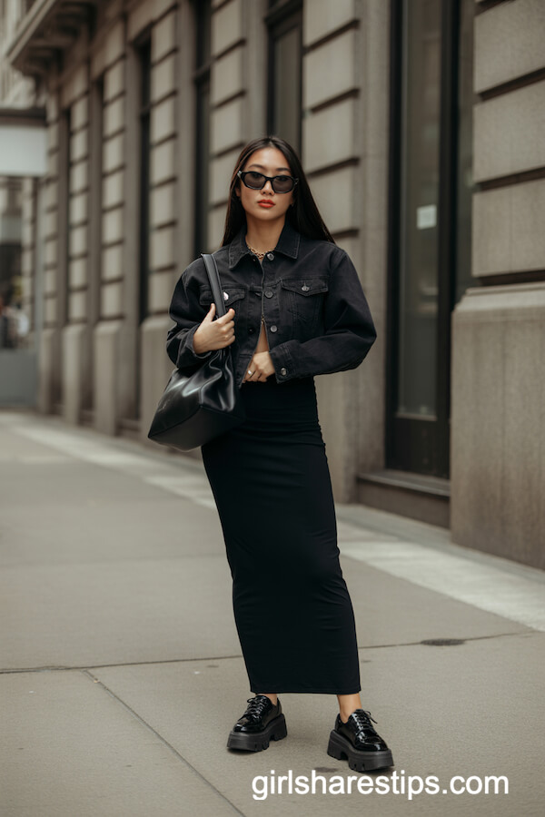 Black Buttoned Jacket with Fitted Maxi Skirt